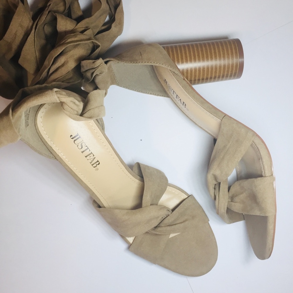 Beige Faux Suede Tie Up Wood Block Sandals/Heels